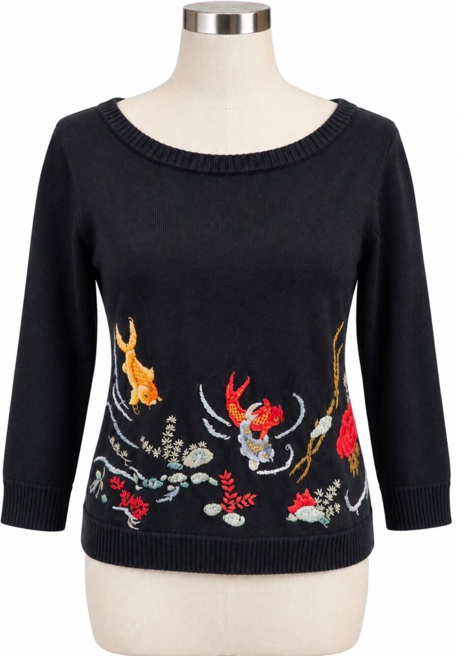 Carole Little Knitwear Vintage 90s Silk Fish Embroidered Sweater Art to Wear M